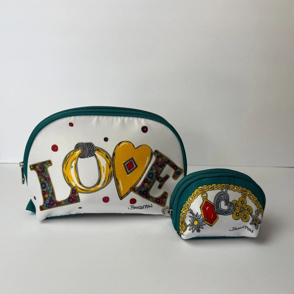 Brighton LOVE Jewelry Print Cosmetic Bag Set Teal White Leopard Lining 2pc